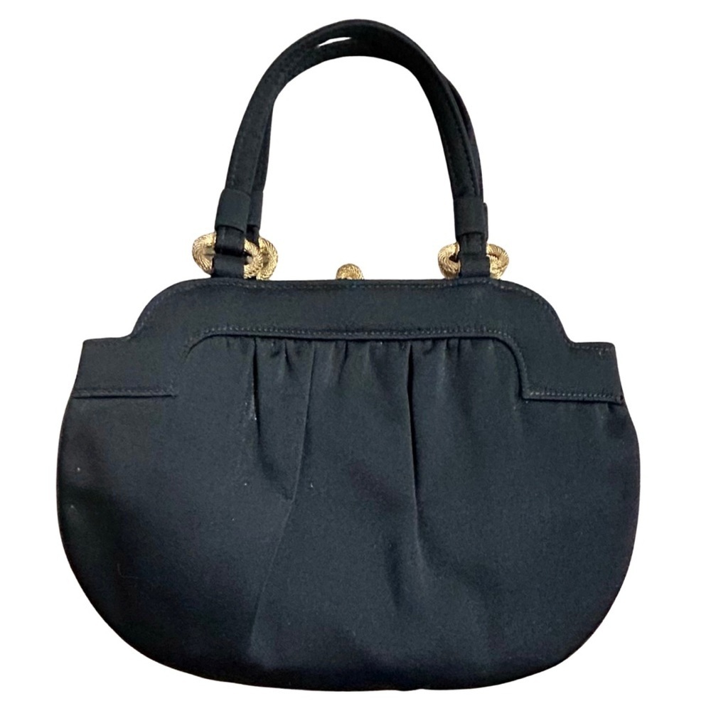 Vintage Morris Moskowitz Black Satin Evening Bag with Gold Hardware